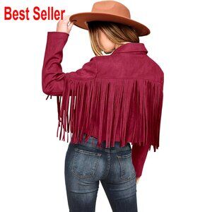 Faux Suede Fringe Cropped Jacket Motorcycle Style Tassel Detail